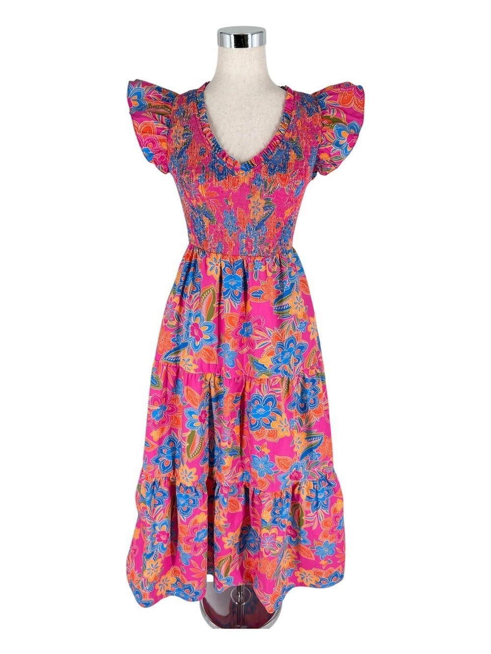 Sugarlips Floral Smocked Bodice Tiered Ruffle Midi Dress Medium - Picture 4 of 13